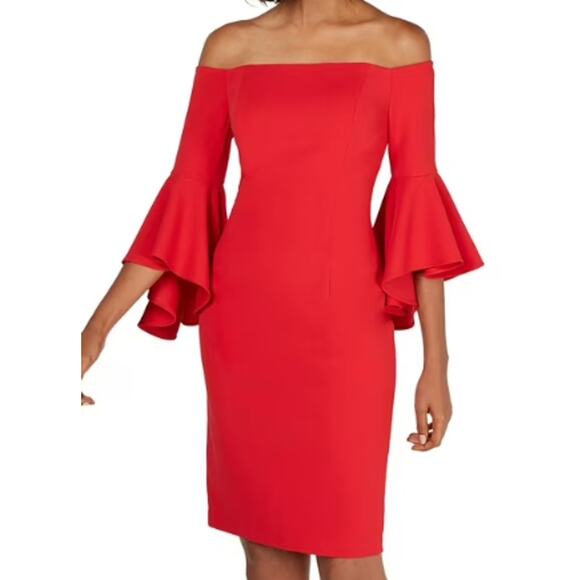 Calvin Klein Red Off Shoulder Cocktail Dress Size 2 Bell Sleeve - Picture 8 of 8